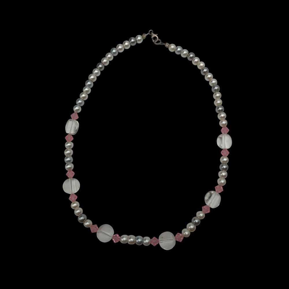 Necklace White Gray‎ Pearls Pink & Clear Beads 17"L EUC